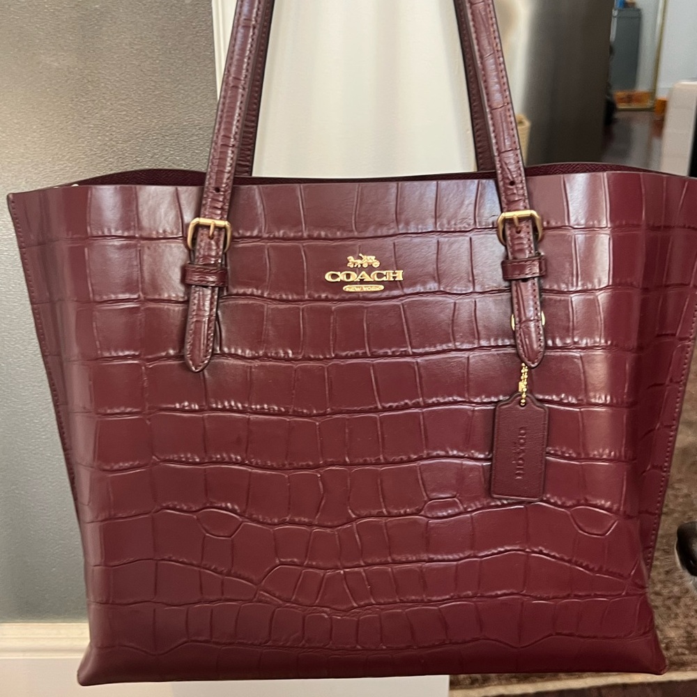 Coach Burgundy Leather Tote Bag with Gold Accents